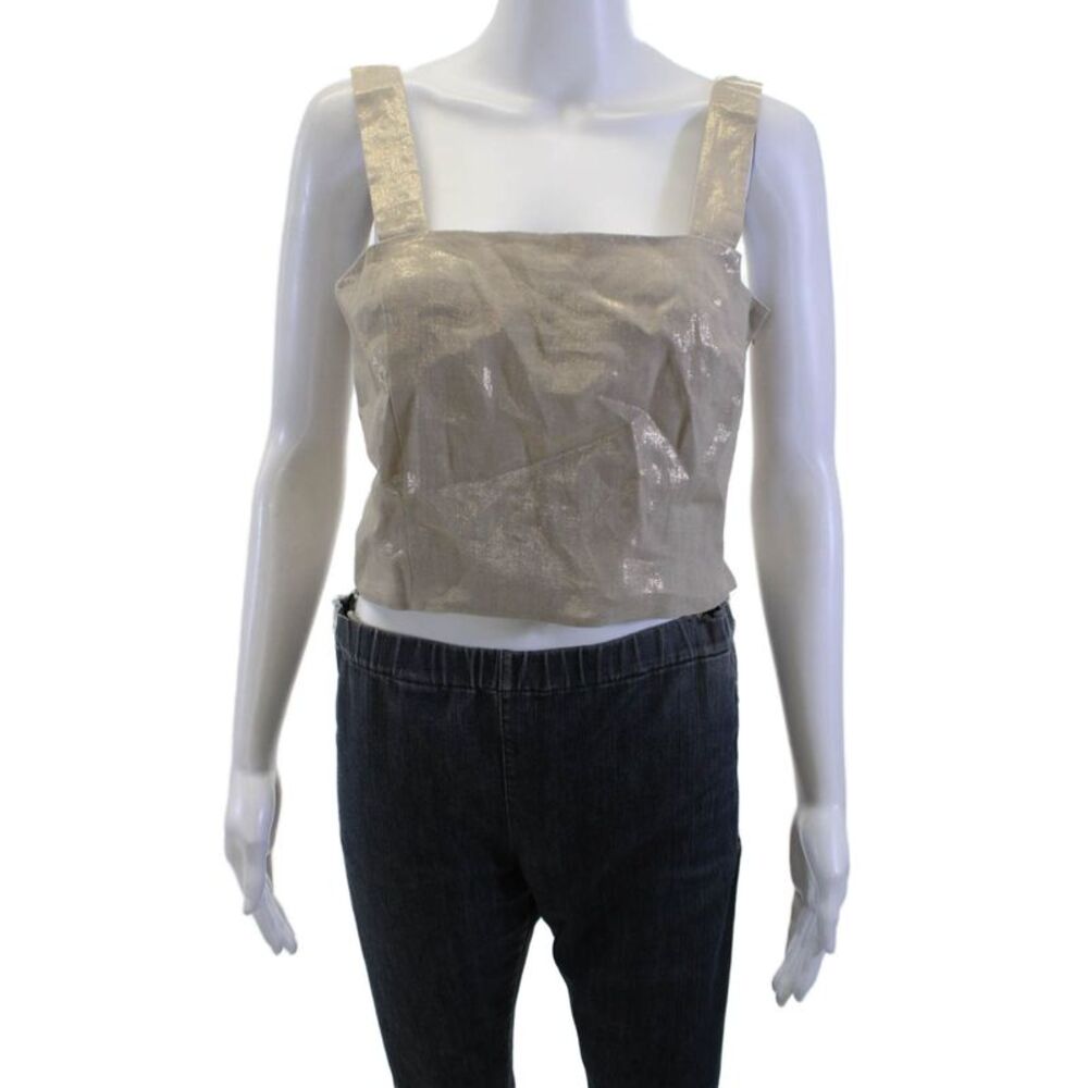 Marella Women Cropped Tank Beige Linen Square Neck Zip Closure Size 6